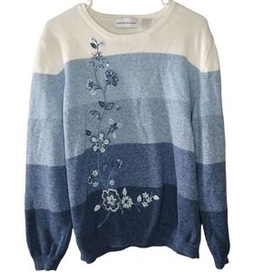 Alfred Dunner Blue Striped Floral Embroidered Top Size XL